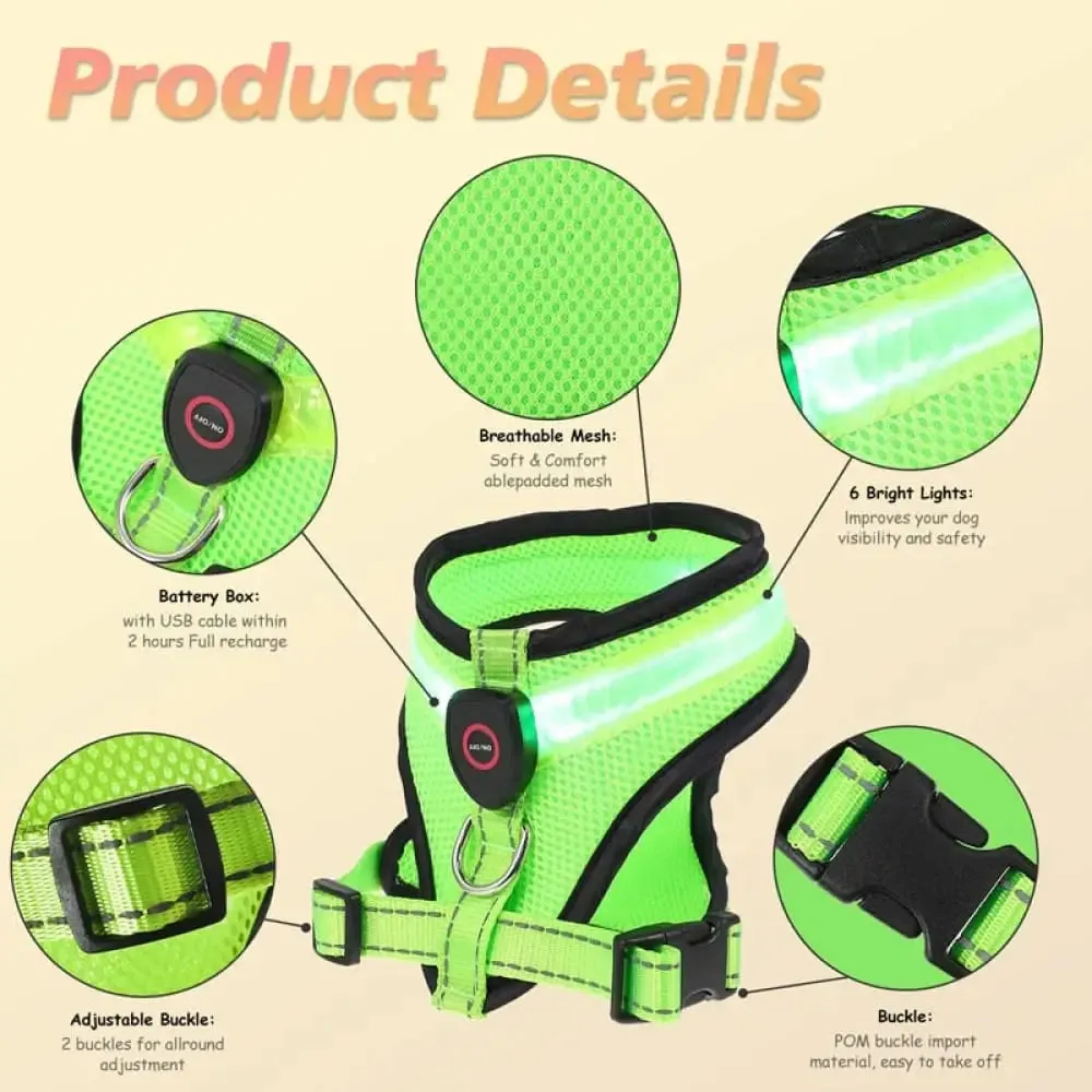 Adjustable Reflective Usb Rechargeable Led Light Soft Padded Vest Harness for Small, Medium Dogs
