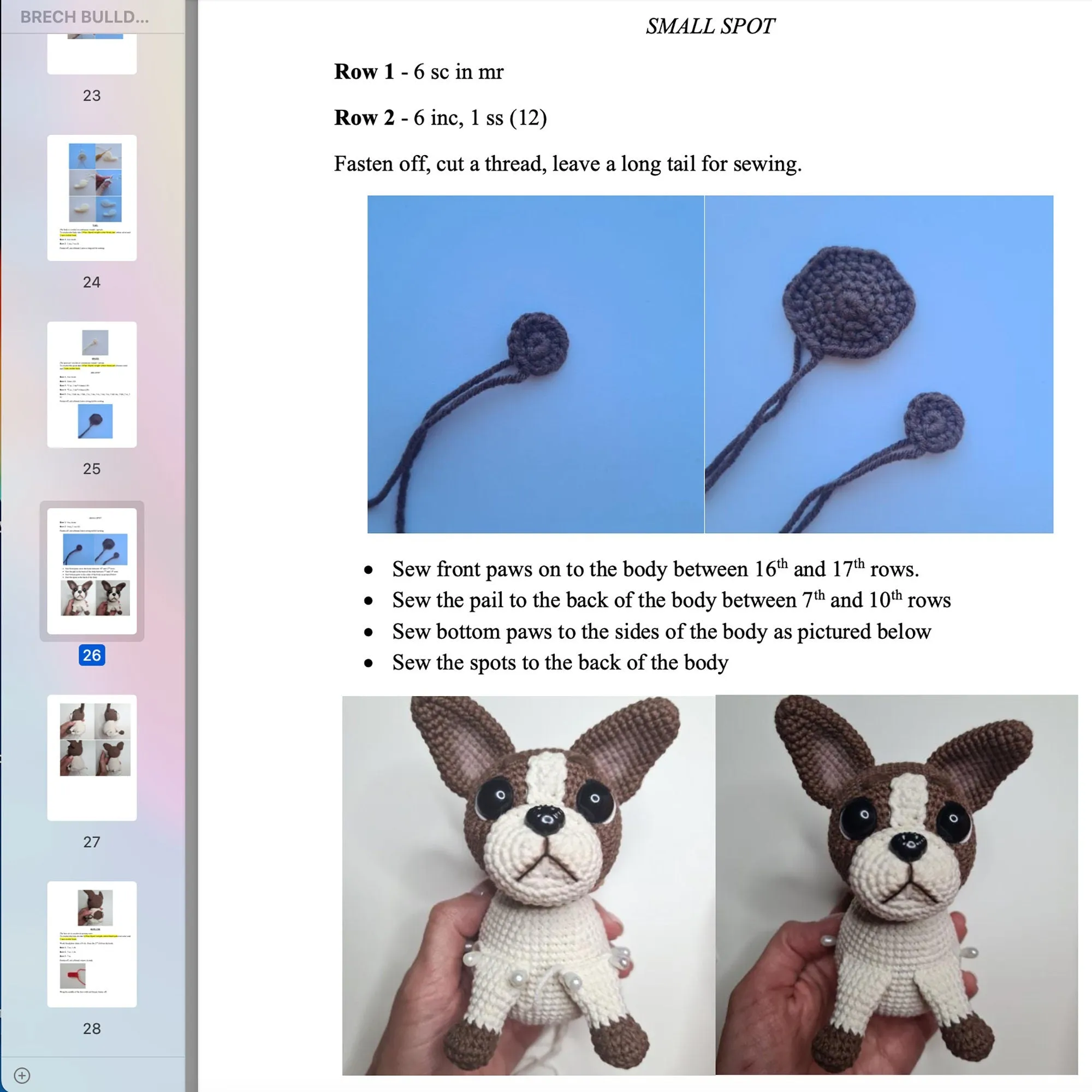 Crochet French Bulldog pattern, US standard terms, Skill level beginner