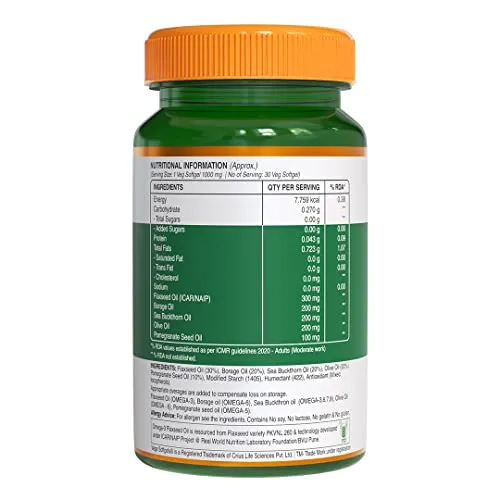 Pure Nutrition Vegan Omega 3-5-6-7-9 |60 Veg Softgels |Seabuckthorn, Flaxseed, Pomegranate Seed, Borage & Olive - 5 Oils for Heart Health, Good Lipid Profile & Lower Cholesterol Level